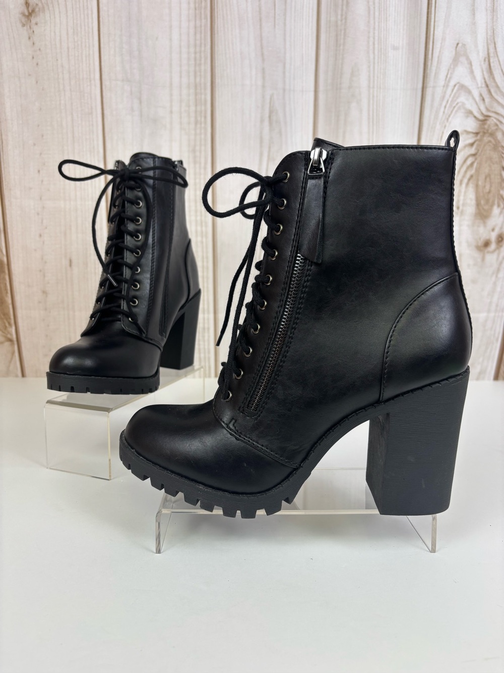 Chunky High Heel Combat Ankle Boots Moto Versatile Lace Up Bootie Black Size 11